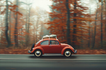Fototapeta premium A classic red car driving through a misty autumn forest with vibrant orange leaves, evoking a nostalgic and serene travel vibe. The car has luggage on the roof, indicating a road trip or journey.