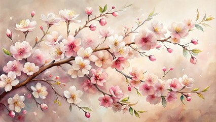 Obraz premium Delicate watercolor painting of blooming Japanese cherry blossom branches, set against a soft cream background, with gentle pink and white hues.