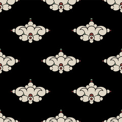 Seamless ethic pattern with vintage floral ornament. Symmetrical white decor on black background. Stylized flower. Folk style. 