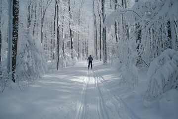 A skier gliding through a tranquil snow-covered forest trail on a bright winter day surrounded by tall trees