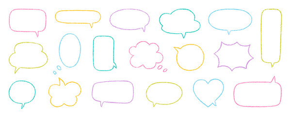 Fototapeta premium Chalk pencil speech bubbles doodle set. Crayon communication frame, comic talk balloon in sketch style, Grunge texture. Hand drawn vector illustration isolated on white background
