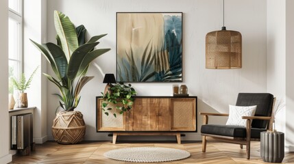 Urban Oasis: Modern Living Room with Wooden Commode, Black Armchair, and Artistic Touches