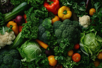 Natural green background of vegetables, broccoli, cauliflower, white cabbage, peppers, carrots, harvesting.