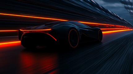 A futuristic sports car speeding down a dark road, illuminated by red streaks of light.