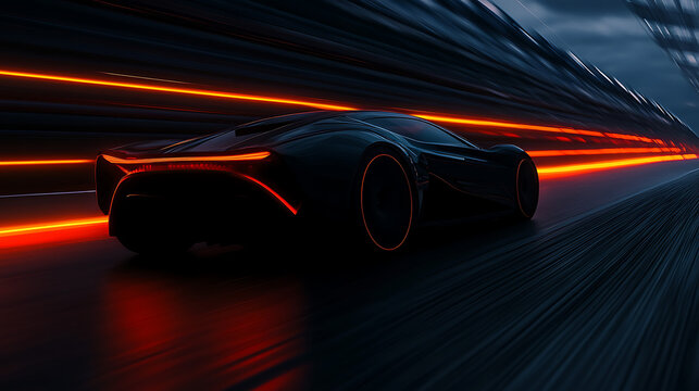 A futuristic sports car speeding down a dark road, illuminated by red streaks of light.