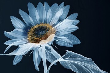 Aesthetic botanical x-ray of sunflower.white, yellow colors on black background