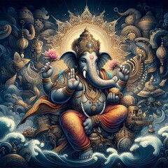 Fototapeta premium Lord Ganesha seated gracefully among lotus flowers in a serene, glowing landscape during celebration