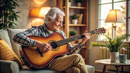 Elderly person with kind expression sitting comfortably in armchair, playing acoustic guitar with wrinkled hands, surrounded by warm home decor and soft gentle light.