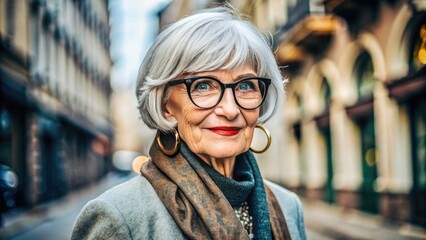 Elderly woman with a stylish grey bob, thick-framed glasses, and layered clothing, blending vintage charm with modern eclectic flair in a trendy urban setting.