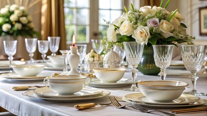 Elegant formal table setting with fine china, crystal glasses, and crisp linens, exuding refinement and sophistication, perfect for illustrating proper dining etiquette guidelines.