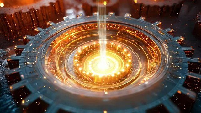 Intricate clockwork is glowing with an intense orange light, suggesting the concept of a system working to generate earnings