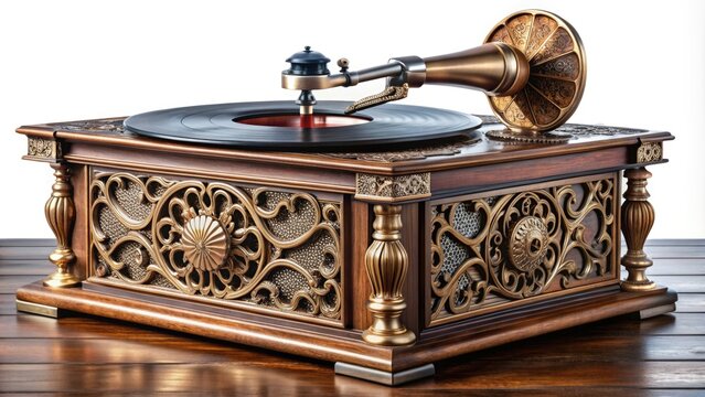 Elegant illustration of a nostalgic vintage record player with ornate metalwork, intricate wooden patterns, and retro-style buttons, evoking a sense of classic sophistication.