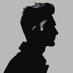 Silhouette of a young man with stylish hair, captured in black and white against a grey background.