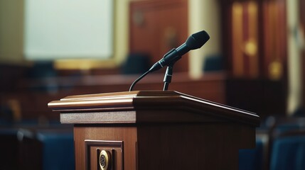 A close-up of a podium with a microphone ready for the speaker