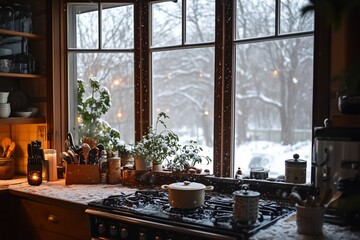Cozy kitchen scene featuring a snowy winter landscape outside the window during a quiet evening in a warm home