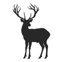 Obraz premium Silhouette of a majestic deer with large antlers standing gracefully against a white background.