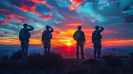 Silhouette of a group of soldiers on a background of red and blue smoke - Powered by Adobe