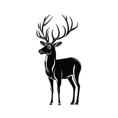 Black and white illustration of a majestic deer with large antlers, standing gracefully.