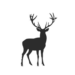 Silhouette of a majestic deer with large antlers against a white background.