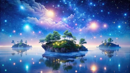 Ethereal landscape featuring luminous, iridescent islands suspended in mid-air, surrounded by a celestial expanse of twinkling stars, against a soft, shimmering, dreamy blue backdrop.