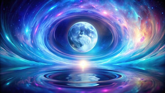 Ethereal lunar orb glows softly against a vibrant, swirling vortex of blues and purples, hypnotic abstract background evoking a sense of celestial wonder and magic.