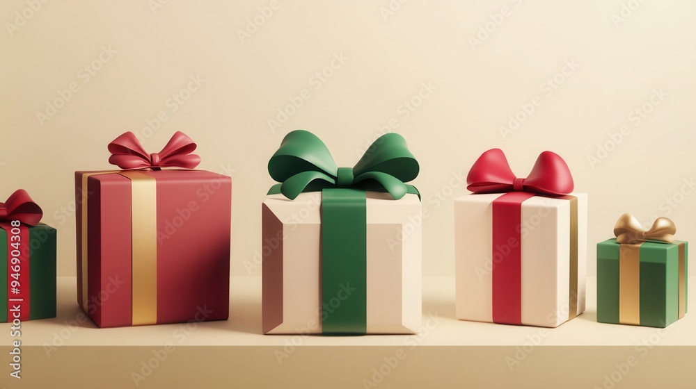 Poster five thoughtfully designed christmas gift boxes in geometric shapes with colorful ribbons create a s