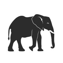 Fototapeta premium Silhouette of an African elephant with a raised trunk on a white background.