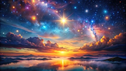 Obraz premium Ethereal scenery features luminous celestial bodies suspended in mid-air, surrounded by radiant stars and nebulae, bathed in a soft, otherworldly glow within a vibrant, dreamy expanse.