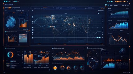 Obraz premium Futuristic interface with data graphs. A high-tech computer screen shows graphs and charts representing various data streams and analytics.