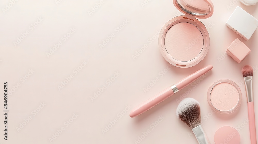 Poster a soothing and minimalist layout showcases various cosmetic products, including brushes and lipstick