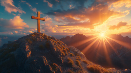sunset glow across sky, cross atop mountain seemed to illuminate with divine light, a powerful symbol of Jesus Christ and the profound connection between God and religion amidst drifting clouds.