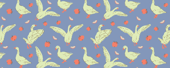 Pattern of Geese and red apples for pajamas or cozy home clothes. Seamless decorative background with birds and fruits. Vector wallpaper for fabric, wrapping paper.