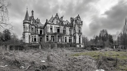 Obraz premium Elegance Amidst Ruins: A Derelict Mansion's Faded Grandeur Beckons Creative Design and Textual Canvas in the Realm of Stock Photography