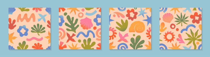 Vector summer nature artistic seamless patterns with hand drawn palm,sun,coral,seashell,wave.Trendy designs for banners,smm,branding,packaging, covers,prints.Summer surf club