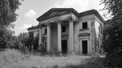 Elegance Amidst Ruins: A Derelict Mansion's Faded Grandeur Beckons Creative Design and Textual Canvas in the Realm of Stock Photography