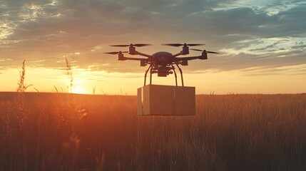 Fototapeta premium Drone delivers package at sunset. This photo shows the future of delivery, using drones to efficiently transport goods.