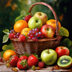 Apples, oranges, strawberries, grapes, shine muskets, kiwis, green apple with basket realistic images, The background is a natural background with leaves