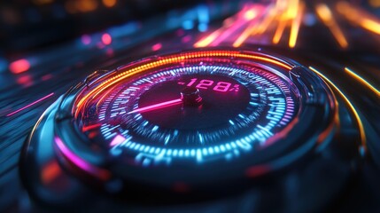 Futuristic, glowing speedometer with 128% reading. It can be used as a visual representation of exceeding expectations or pushing limits.