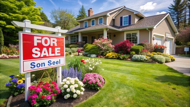 Foreground of a sold sign on a suburban home's lawn, with a "For Sale" sign and open house flags, surrounded by blooming flowers and lush greenery.