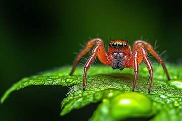 Spider perched on a leaf, captured in a macro photo that reveals the fine details of its legs and markings