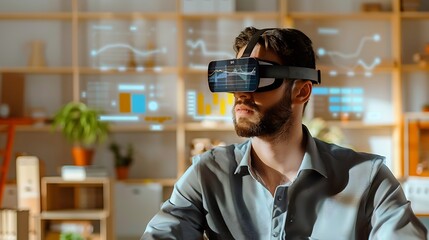 Augmented reality glasses display financial data and graphs in a sleek modern office environment with minimalist design, showcasing cutting edge technology and professional business tools