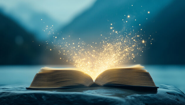 Enchanted Open Book with Glowing Magical Light and Floating Symbols