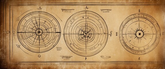 Fototapeta premium Hand-Drawn Diagrams of Astronomical Objects on Antique Parchment