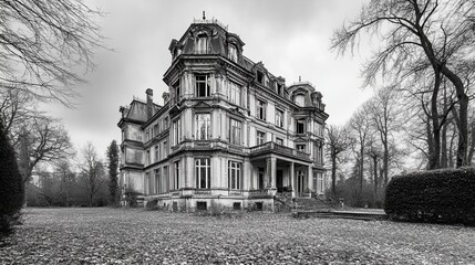 Elegance Amidst Ruins: A Derelict Mansion's Faded Grandeur Beckons Creative Design and Textual Canvas in the Realm of Stock Photography