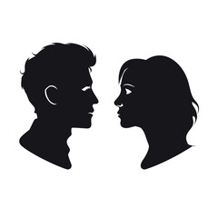 Fototapeta premium Silhouettes of a man and woman facing each other on a white background.