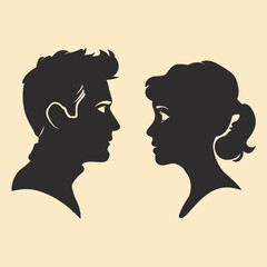 Silhouette profile of a man and a woman facing each other on a beige background.