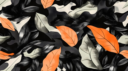 Obraz premium A black and white camouflage print featuring orange and green leaves on the left side and an orange leaf on the right side