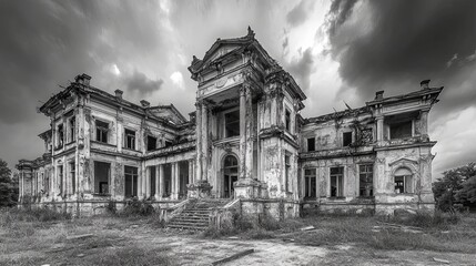 Elegance Amidst Ruins: A Derelict Mansion's Faded Grandeur Beckons Creative Design and Textual Canvas in the Realm of Stock Photography