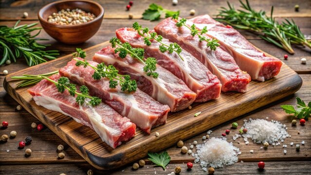 Freshly butchered raw pork ribs placed on a wooden cutting board, glistening with moisture, surrounded by scattered fresh herbs and a sprinkle of sea salt.