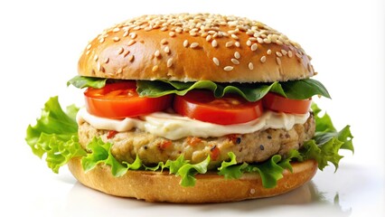 Freshly grilled tuna burger patty topped with crispy lettuce, juicy tomato, and creamy mayonnaise on a toasted sesame seed bun against a white background.